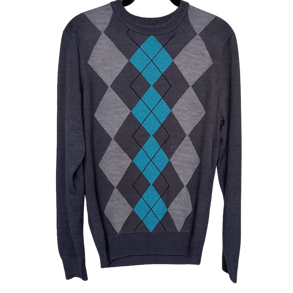 Dockers Men’s Medium Argyle Sweater Gray Blue Crewneck Cotton Blend Classic